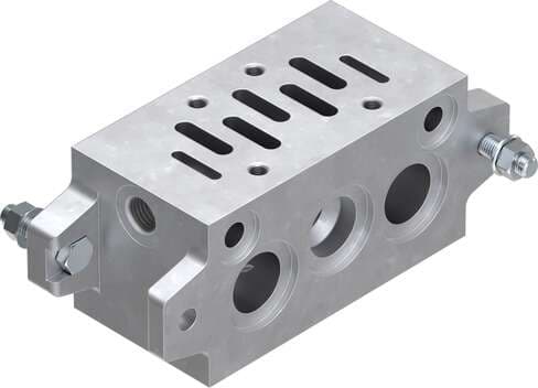 Festo 11305 manifold sub-base NAV-3/8-2C-ISO With port pattern as per DIN ISO 5599/1, for manifold assembly, connections underneath. Conforms to standard: ISO 5599-1, Authorisation: UL - Recognized (OL), Product weight: 400 g, Auxiliary pilot air port 12/14: G1/8, Pn 11305 on Powermatic Associates