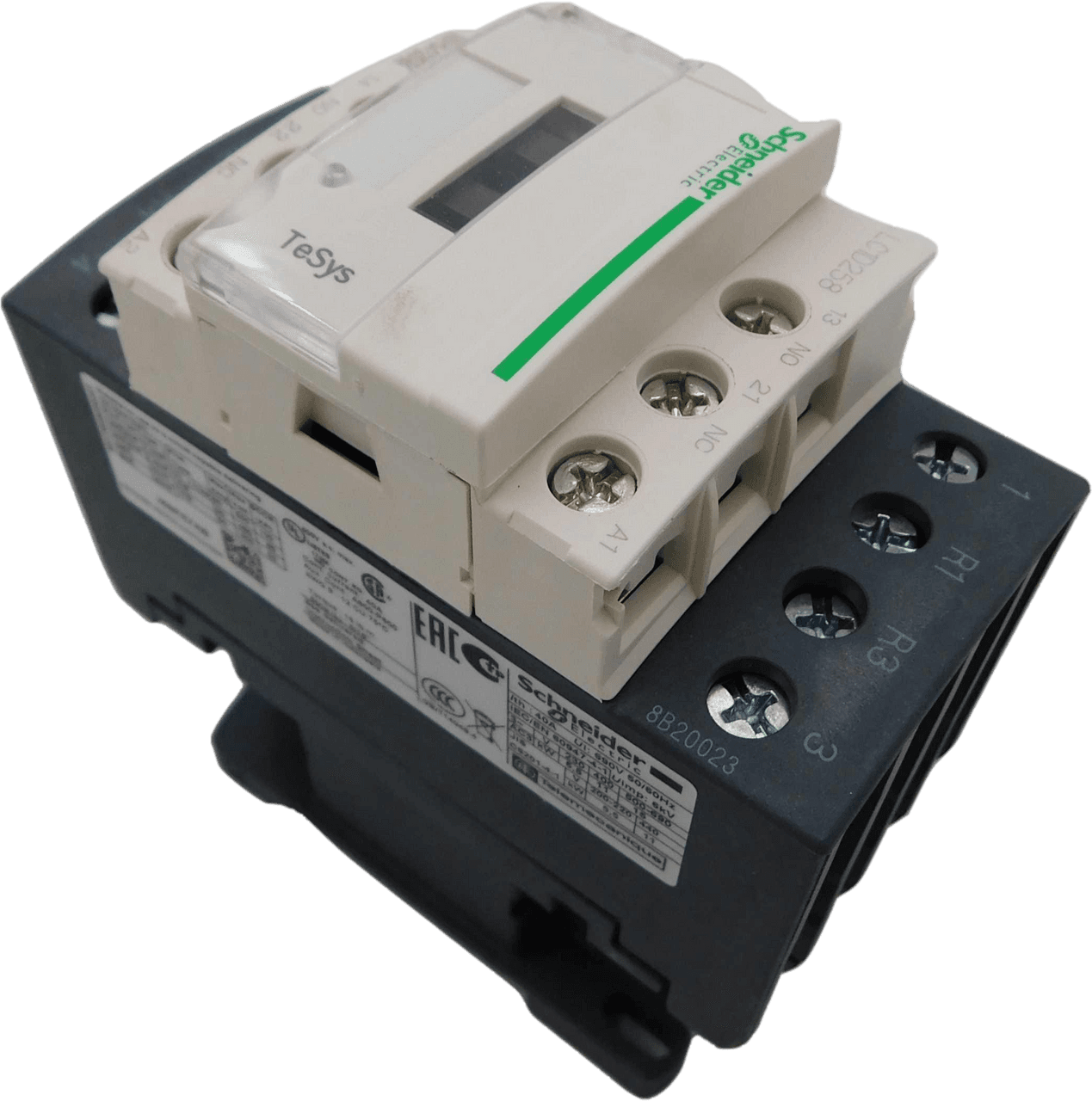 Schneider Electric LC1D258FE7 Schneider Electric LC1D258FE7 is a magnetic contactor from the Deca sub-range, featuring screw connections and a 4-pole (2NO+2NC) configuration. It has a rated current of 40A (AC-1) and is designed for DIN rail mounting. The net width of the contactor is 45 mm, and it offers a degree of protection of IP20. The control voltage (AC) ranges from 92-126Vac at 50Hz and 98-126Vac at 60Hz, with a nominal voltage of 115Vac. The rated operating voltage (Ue) is 690 V, and it includes 1 Normally Open (NO) and 1 Normally Closed (NC) auxiliary contact, with the contacts type being 1NO+1NC instantaneous auxiliaries. The rated impulse voltage (Uimp) is 6 kV, and it boasts a mechanical durability of 15,000,000 operations at no load. The rated voltage (AC) for phase-to-phase connections is also 690 V. LC1D258FE7 on Powermatic Associates