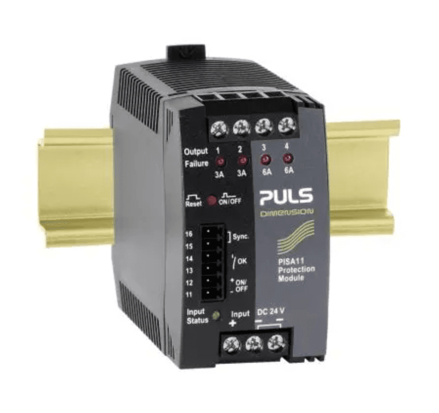 Puls PISA11.203206 PULS PISA11.203206 is a protection unit designed as a 4-channel protection module with 1 input and 4 outputs, suitable for DIN rail mounting. It operates within an ambient air temperature range of -25 to +70°C and adheres to NEC Class 2 design specifications. The rated current for the device is 4A, distributed as 1A across each of the four outputs, and it features screw-clamp connections for secure installation. This part falls under the PISA11-series and has dimensions of W45mm x H75mm x D91mm. It requires a supply voltage of 18Vdc to 30Vdc, with 24Vdc as the typical value and 21.4Vdc as the necessary input voltage to activate the outputs. The output voltage is adjustable between 24Vdc and 28Vdc. Protection functions include short-circuit protection with a 110ms shutdown time and current limitation with a 9A to 12.7A adjustable threshold. Power dissipation at full output load with a 24V input is 1W, and the processing time for output turn-on delay is 270ms. The voltage drop across the device is 41mV / 0.041 V. Electrical durability is rated at 243,000 hours at 40°C with 4x0.5A output and 686,000 hours at 25°C with 4x0.5A output. PISA11.203206 on Powermatic Associates