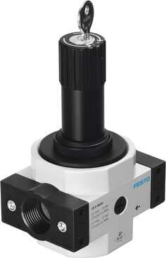 Festo 194612 pressure regulator LRS-1/4-D-O-MINI With lockable regulator head, working pressure up to 12 bar. Size: Mini, Series: D, Actuator lock: Rotary knob with integrated lock, Assembly position: Any, Design structure: directly-controlled diaphragm regulator 194612 on Powermatic Associates