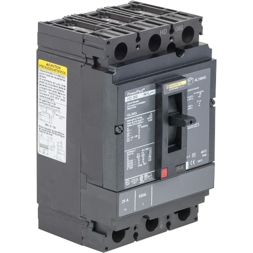Schneider Electric HDL36015T Square D by Schneider Electric HDL36015T is a Moulded Case Circuit Breaker (MCCB) within the PowerPacT HDL sub-range, featuring a removable/interchangeable trip unit PowerPacT H-Frame 150 TMD 3P 15A 600Vac/250Vdc 14kA with lugs on both load and line sides. This 3-pole circuit breaker offers thermal protection for overload scenarios and magnetic protection for short-circuit conditions. It has a rated current of 15A, with a rated insulation voltage of 750 V and operates at a rated voltage of 600Vac 600Y/347Vac for AC circuits and 250Vdc for DC circuits. The unit is designed for individual mounting on a plate, with dimensions of 163 mm in height, 104 mm in width, and 86 mm in depth. It provides an IP40 degree of protection and features a manual toggle operating mode. Protection settings include over-current fixed at 15A, short-circuit hold current fixed at 350A, and short-circuit trip current fixed at 750A. The rated operating voltage is 690 V, with a rated impulse voltage of 8 kV. The trip current rating is 15 AT, with a frame current rating of 150 AF. Its short circuit breaking rating varies by voltage, including 25kA at 240Vac, 18kA at 480Vac and 480Y/277Vac, 14kA at 600Vac and 600Y/347Vac for UL489 standards, and 20kA at 250Vdc. The trip unit type is thermal-magnetic (fixed) without a display, and it falls under utilisation category A. HDL36015T on Powermatic Associates