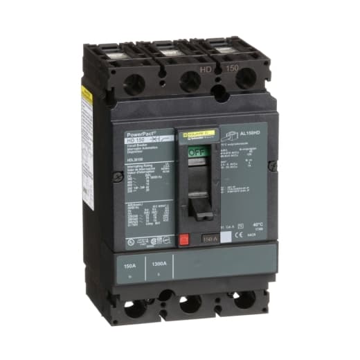 Schneider Electric HDL36150 Square D by Schneider Electric HDL36150 is a Moulded Case Circuit Breaker (MCCB) within the PowerPacT HDL sub-range, designed with a PowerPact H-Frame 150 TMD 3P 150A 600Vac/250Vdc 14kA with lugs at 80% rated on both load and line sides. It features three poles (3P) and offers thermal protection for overload and magnetic protection for short-circuit scenarios. The rated current is 150A, with a rated insulation voltage (Ui) of 750 V, and it operates at a rated voltage (AC) of 600Vac 600Y/347Vac. This unit is designed for individual unit mount on plate, with a net height of 163 mm, a net width of 104 mm, and a net depth of 86 mm. It provides an IP40 degree of protection and operates manually via a toggle. Protection settings include over-current fixed at 150A, short-circuit hold current fixed at 900A, and short-circuit trip current fixed at 1700A. The rated operating voltage (Ue) is 690 V, with a rated impulse voltage (Uimp) of 8 kV. The trip current rating is 150 AT, and the frame current rating is 150 AF. It has a short circuit breaking rating of 25kA (240Vac; UL489), 18kA (480Vac; UL489), 18kA (480Y/277Vac; UL489), 14kA (600Vac; UL489), 14kA (600Y/347Vac; UL489), and 20kA (250Vdc; UL489). The trip unit type is thermal-magnetic (fixed) with no display, and it falls under utilisation category A. HDL36150 on Powermatic Associates