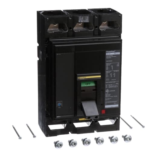 Schneider Electric MGL36400 Square D by Schneider Electric MGL36400 is a Moulded Case Circuit Breaker (MCCB) designed for individual unit mount on plate. It features a PowerPact M-Frame 800 ET1 (LI) 3P 400A 600Vac design with a net height of 210 mm, width of 153 mm, and depth of 204 mm. This MCCB has a rated current of 400A and operates with lugs on both load and line sides for connection. It falls under the PowerPacT MGL sub-range and supports a rated voltage of 600Vac 600Y/347Vac. The device is equipped with three poles (3P) and has a rated operating voltage (Ue) of 600 V. Its protection functions include Long-time protection (L) and Instantaneous protection (I), with a trip current rating of 400 AT and a frame current rating of 800 AF. The short circuit breaking rating is specified as 65kA at 240Vac, 35kA at 480Vac and 480Y/277Vac, and 18kA at 600Vac and 600Y/347Vac, all in accordance with UL489 standards. The trip unit is an electronic ET1.0 (LI) with no display, and the protection settings are fixed at 400A for overload (L) and adjustable from 1.5 to 12 times In (800A to 4000A) for instantaneous protection against short-circuit (I). It is categorized under utilisation category A. MGL36400 on Powermatic Associates