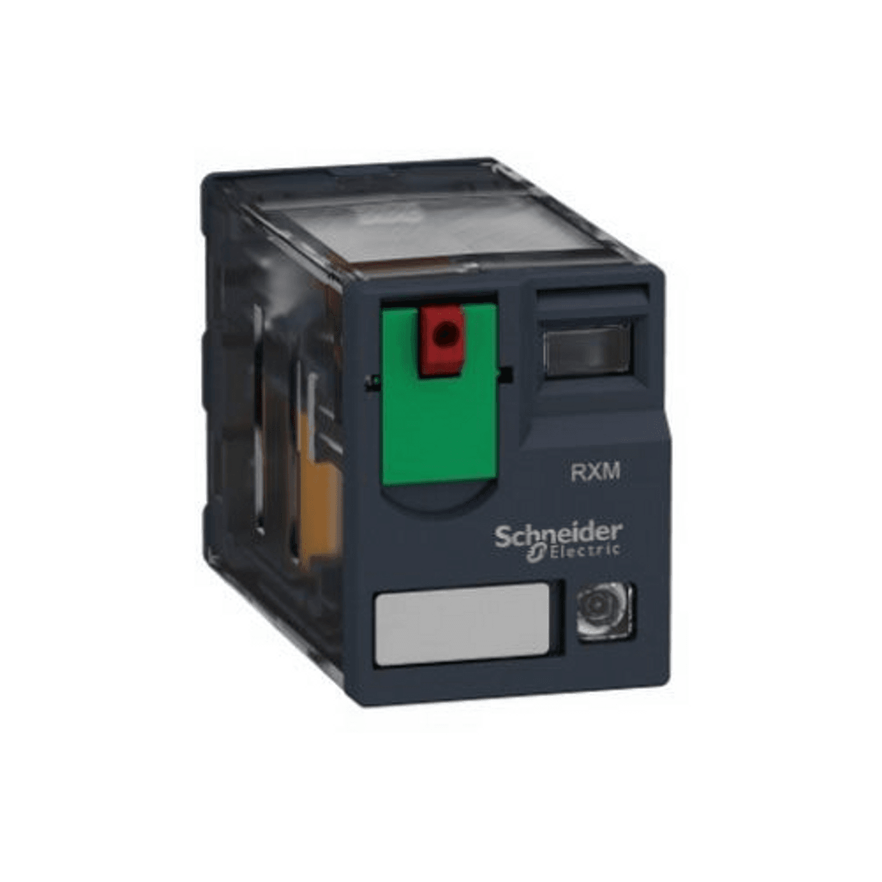 Schneider Electric RXM2AB2P7 Schneider Electric RXM2AB2P7 is a miniature plug-in relay within the RXM sub-range, featuring contacts made from an Ag/Ni - Silver - Nickel alloy. This relay is designed with 2C/O - DPDT (Double Pole Double Throw) contacts, operates with a control voltage of 230 Vac, and supports a rated current of 12 A for both 250Vac (AC-1) and 28Vac (DC-1). It is designed for plug-in mounting and can operate within an ambient air temperature range of -40 to +55 °C. The RXM2AB2P7 offers an IP40 degree of protection, consumes 0.005 A of current, and has a power consumption of 1.2 VA. It includes a visual position indicator through an LED and features a lockable test button (LTB) for latching. The electrical durability of this relay is rated at 100,000 operations for resistive loads, and its mechanical durability reaches up to 10,000,000 operations at no load. RXM2AB2P7 on Powermatic Associates