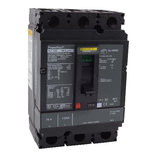 Schneider Electric HJL36070T Square D by Schneider Electric HJL36070T is a Moulded Case Circuit Breaker (MCCB) within the PowerPacT HJL sub-range. It features a removable/interchangeable trip unit PowerPacT H-Frame 150 TMD, designed for 3-pole (3P) configurations with a rated current of 70A. This MCCB operates at a rated insulation voltage (Ui) of 750 V, with AC rated voltages of 600Vac and 600Y/347Vac, and a DC rated voltage of 250Vdc. It offers thermal protection for overload scenarios and magnetic protection for short-circuit conditions. The connection type includes lugs on both load and line sides, and it is designed for individual unit mount on plate. The net dimensions are 163 mm in height, 104 mm in width, and 86 mm in depth, with a degree of protection rated at IP40. The operating mode is manual toggle, with over-current protection settings fixed at 70A, short-circuit hold current fixed at 800A, and short-circuit trip current fixed at 1450A. The rated operating voltage (Ue) is 690 V, with a rated impulse voltage (Uimp) of 8 kV. The trip current rating is 70 AT, with a frame current rating of 150 AF. The short circuit breaking rating varies with voltage, up to 100kA at 240Vac according to UL489 standards. The trip unit type is thermal-magnetic (fixed) without a display, and it falls under utilisation category A. HJL36070T on Powermatic Associates