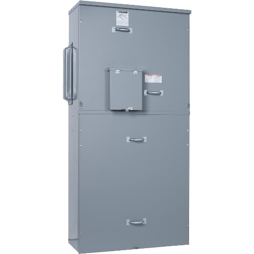 Schneider Electric EZM11200JCBE Square D by Schneider Electric EZM11200JCBE is a meter center main unit designed for surface mounting. It features a steel enclosure and an aluminium busbar, ensuring compatibility with indoor and rainproof environments as indicated by its NEMA 3R protection degree. This unit measures H1681mm x W823mm x D348mm (H66.2" x W32.39" x D13.69") and operates at a rated voltage of 120Vac/240Vac. It is designed for a single-phase (1PH-3W) network and supports a rated current of 1200A for both the main unit and the busbar. The EZM11200JCBE accommodates 1 x 6AWG to 300kcmil aluminium/copper lugs for grounding, catering to a wide range of wiring requirements. EZM11200JCBE on Powermatic Associates