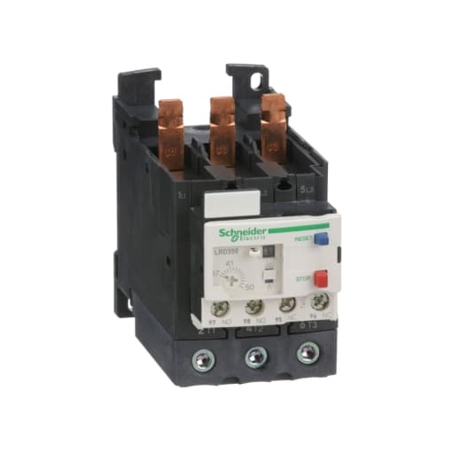 Schneider Electric LRD350 Schneider Electric LRD350, part of the LRD sub-range, is a differential thermal overload relay designed for direct connection to a contactor and features screw-clamp connections for both outgoing cables and the control circuit. This 3-pole device offers Class 10A protection functions with a rated current range of 37-50 A. It includes protection settings for thermal overload within the same range and is equipped with 1 Normally Open (NO) and 1 Normally Closed (NC) auxiliary contacts. The LRD350 is rated for a phase-to-phase voltage of up to 690 V at frequencies from 0 to 400Hz, with a minimum operating current of 37 A and a maximum of 50 A. LRD350 on Powermatic Associates