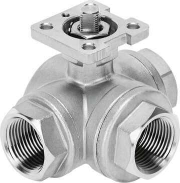 Festo 4834290 ball valve VZBE-1/2-T-63-F-3L-F04-V15V15 Stainless steel, 3/2-way, nominal width 1/2", top flange F04, PN63, ASME B1.20.1 - NPT. Design structure: (* 3-way ball valve, * L hole), Type of actuation: mechanical, Sealing principle: soft, Assembly position: A 4834290 on Powermatic Associates