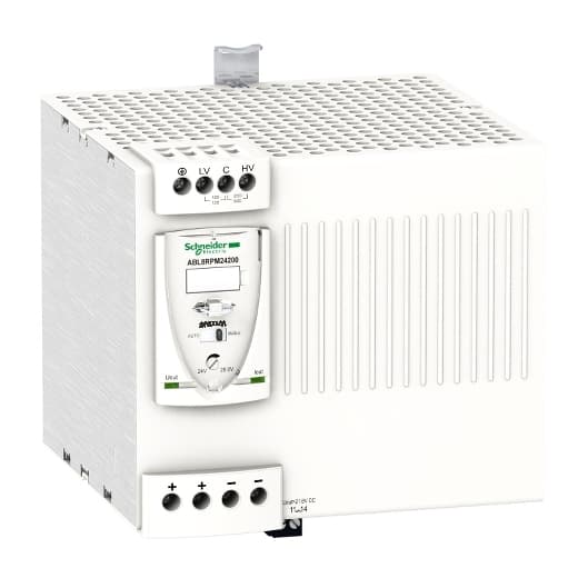 Schneider Electric ABL8RPM24200 Schneider Electric ABL8RPM24200 is a regulated switch mode power supply unit (SMPS PSU) within the ABL8 sub-range, designed for DIN rail mounting. It operates on both single-phase and three-phase networks, with a supply voltage of 100-120 V AC (L-N) and 200-240 V AC (L-L). This unit provides a rated voltage of 24 V DC, a rated current of 20 A, and a rated power of 480 W. It features an IP20 degree of protection and is capable of operating within an ambient air temperature range of -25 to +60 °C without derating. The ABL8RPM24200 offers protection settings including manual or automatic reset for short-circuits and overload, automatic reset for thermal conditions, and manual reset for overvoltage (30-32V). It also includes protection functions against short-circuits, overvoltage, overload, thermal conditions, and undervoltage. The efficiency of this unit ranges from 88% to 100%, with a measurement function of cos phi 240V at 0.68. The hold time is 0.12 s at 400V and 0.02 s at 100V. ABL8RPM24200 on Powermatic Associates