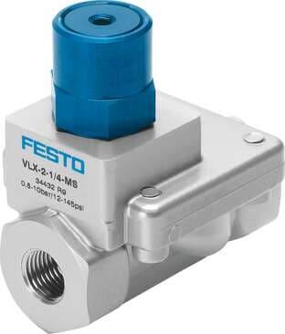 Festo 34436 pneumatic valve VLX-2-1-MS 2/2-way function, pneumatically actuated, brass version. Design structure: Diaphragm valve, Type of actuation: pneumatic, Sealing principle: soft, Assembly position: Any, Mounting type: Line installation 34436 on Powermatic Associates
