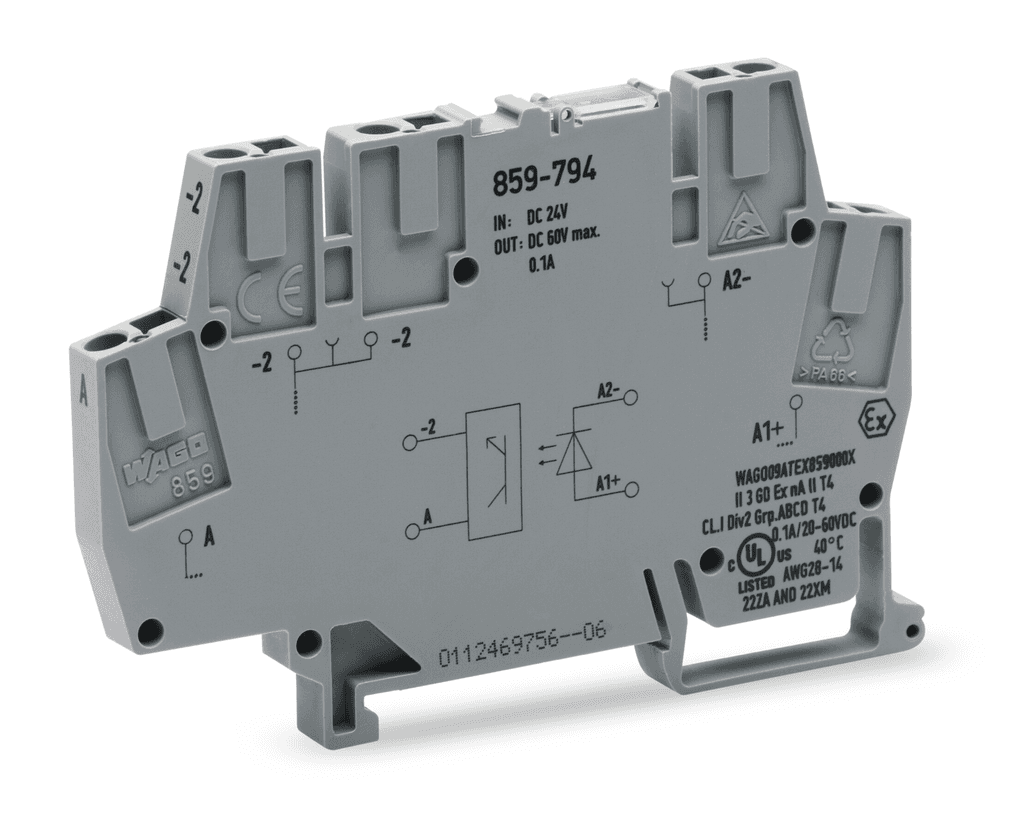 WAGO 859-794 859-794 WAGO - Optocoupler module; Nominal input voltage: 24 VDC; Output voltage range: 9 … 60 VDC; Limiting continuous current: 0.1 A; Railway; Module width: 6 mm; gray 859-794 on Powermatic Associates
