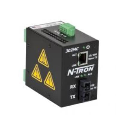 Red Lion 302MCE-N-SC-15 Red Lion 302MCE-N-SC-15 is a media converter designed to facilitate communication between different media types, specifically converting signals between copper (RJ45 port, 10/100BaseTX) and fiber optic (SC connector, single-mode, 100BaseFX) interfaces over a distance of up to 15km. It operates on a supply voltage range of 10-30Vdc, accommodating both 12Vdc and 24Vdc systems. This component features N-View monitoring for enhanced network visibility and is housed in a metal case suitable for DIN rail mounting. The ambient air temperature range for storage is specified from -40 to +70 degrees Celsius, ensuring its durability in various environmental conditions. The technology used in this component includes Normally Closed (NC) auxiliary contacts, emphasizing its utility in industrial settings. 302MCE-N-SC-15 on Powermatic Associates