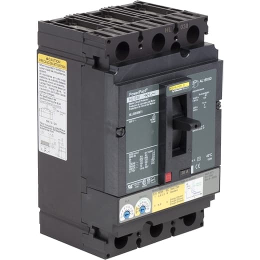 Schneider Electric HLL36030M71 Square D by Schneider Electric HLL36030M71 is a Motor Protection Circuit Breaker (MPCB) within the PowerPacT HLL sub-range, designed for electronic motor protection, manual motor starting, and motor circuit protection. This PowerPact H-Frame 150 MCP (I) features a 3-pole (3P) design with a rated current of 30A and operates at a rated insulation voltage (Ui) of 750V, with AC and DC rated voltages of 600Y/347Vac and 500Vdc respectively. It supports a connection type of lugs on both load and line sides and offers instantaneous (I) protection. The device is designed for individual unit mount on plate, with dimensions of 163 mm in height, 104 mm in width, and 86 mm in depth, and it provides a degree of protection of IP40. The operating mode is manual toggle, with over-current protection fixed at 30A and instantaneous protection against short-circuit adjustable from 1 to 13 times the rated current (9A to 325A). The rated operating voltage (Ue) is 690V, with a rated impulse voltage (Uimp) of 8kV. The trip current rating is 30 AT, with a frame current rating of 150 AF. It has a short circuit breaking rating that varies depending on the voltage, including 125kA at 240Vac, 100kA at 480Vac, 100kA at 480Y/277Vac, 50kA at 600Vac, 50kA at 600Y/347Vac, 20kA at 250Vdc, and 50kA at 500Vdc, all under UL489. The trip unit type is thermal-magnetic (adjustable) with no display, and it falls under utilisation category A. HLL36030M71 on Powermatic Associates