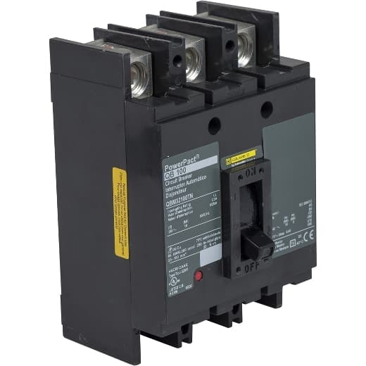 Schneider Electric QBM32100TN Square D by Schneider Electric QBM32100TN is a Moulded Case Circuit Breaker (MCCB) designed for individual unit mount on plate. It features a PowerPact Q-Frame 250 TMD 3P 100A 240Vac 10kA lug ON end 80% rated top of panel design. This MCCB has a rated current of 100A and employs threaded studs (with nuts) on the load side plus lugs connection on the line side. It falls under the PowerPacT QBM sub-range and operates at a rated voltage of 240Vac. The dimensions include a net height of 114 mm, a net width of 164 mm, and a net depth of 100 mm. It is a 3-pole (3P) device with a rated operating voltage (Ue) of 240 V. The protection functions include thermal protection for overload and magnetic protection for short-circuit, with a trip current rating of 100 AT and a frame current rating of 250 AF. Its short circuit breaking rating is 10kA (240Vac; UL489). The trip unit type is thermal-magnetic (fixed) with no display. It is categorized under utilisation category A, with protection settings over-current fixed at 100A, short-circuit hold current fixed at 1200A S, and short-circuit trip current fixed at 2400A. QBM32100TN on Powermatic Associates