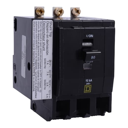 Schneider Electric QOB3805288 Square D by Schneider Electric QOB3805288 is a Miniature Circuit Breaker (MCB) featuring a shunt trip coil. This bolt-on mounted MCB is designed with a rated current of 80A and utilizes a bolt-on connection for secure installation. It operates at a rated voltage of 120V to 240V AC and is suitable for systems with 3 poles. The QOB3805288 offers a short circuit breaking rating of 10kA at 240Vac and 5kA at 48Vdc, ensuring protection against overcurrents. It is equipped with ring tongue type terminals for reliable wire connections. QOB3805288 on Powermatic Associates