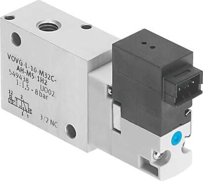 Festo 560703 solenoid valve VOVG-S12-M32C-AH-M5-1H2 Valve function: 3/2 closed, monostable, Type of actuation: electrical, Width: 12 mm, Standard nominal flow rate: 180 l/min, Operating pressure: 2 - 8 bar 560703 on Powermatic Associates