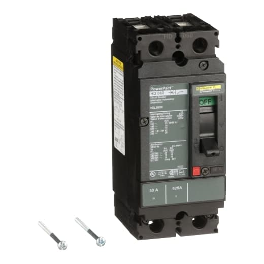 Schneider Electric HDL26050 Square D by Schneider Electric HDL26050 is a Moulded Case Circuit Breaker (MCCB) within the PowerPacT HDL sub-range, designed with a PowerPact H-Frame 150 TMD 2P 50A 600Vac/250Vdc 14kA with lugs at 80% rating for both load and line sides. This 2-pole circuit breaker offers thermal protection for overload scenarios and magnetic protection for short-circuits, featuring a rated current of 50A and a rated insulation voltage of 750V. It supports a rated voltage of 600Vac and 600Y/347Vac for AC, and 250Vdc for DC, with a mounting mode that allows individual unit mount on a plate. The device measures 163mm in height, 104mm in width, and 86mm in depth, enclosed in an IP40 degree of protection. It operates manually via a toggle and has fixed protection settings for over-current at 50A, short-circuit hold current at 400A, and short-circuit trip current at 850A. The rated operating voltage stands at 690V, with a rated impulse voltage of 8kV. Its trip current rating is 50 AT, with a frame current rating of 150 AF, and it has a short circuit breaking rating that varies with voltage, up to 25kA at 240Vac according to UL489 standards. The trip unit is a fixed thermal-magnetic type without a display, categorized under utilisation category A. HDL26050 on Powermatic Associates