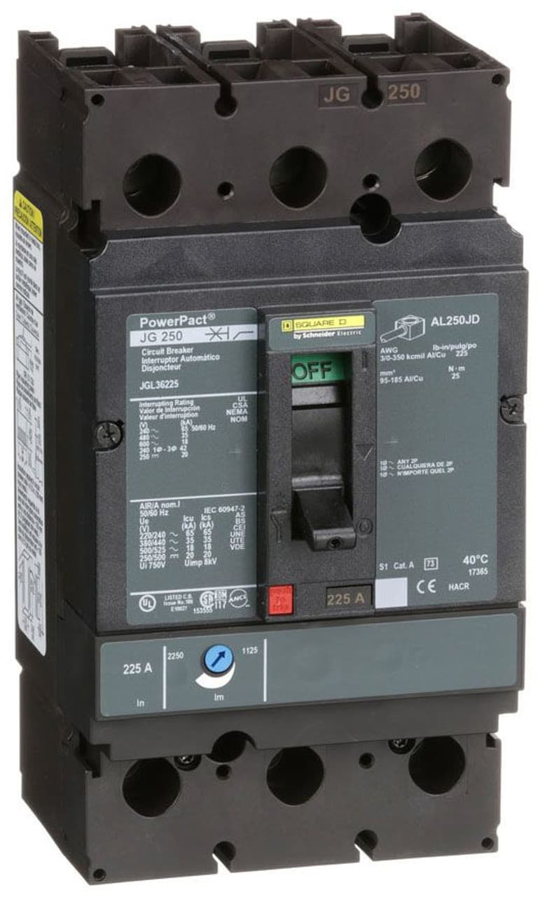 Schneider Electric JGL36225 Square D by Schneider Electric JGL36225 is a Moulded Case Circuit Breaker (MCCB) from the PowerPacT JGL sub-range, designed with a PowerPact J-Frame 250 TMD 3P 225A 600Vac 18kA with lugs at 80% rated on both load and line sides. It features three poles (3P) and offers thermal protection for overload and magnetic protection for short-circuit scenarios. The rated current is 225A, with a rated insulation voltage (Ui) of 750 V and a rated voltage (AC) of 600Vac 600Y/347Vac. This unit is designed for individual unit mount on plate, with a net height of 191 mm, width of 105 mm, and depth of 127 mm. It has an IP40 degree of protection and operates manually via a toggle. Protection settings include over-current fixed at 225A and short-circuit pickup current adjustable between 1125A and 2250A. The rated operating voltage (Ue) is 690 V, with a rated impulse voltage (Uimp) of 8 kV. The trip current rating is 225 AT, and the frame current rating is 250 AF. It has a short circuit breaking rating of 65kA at 240Vac, 35kA at 480Vac and 480Y/277Vac, 18kA at 600Vac and 600Y/347Vac, and 20kA at 250Vdc and 500Vdc, all according to UL489 standards. The trip unit type is thermal-magnetic (adjustable) with no display, and it falls under utilisation category A. JGL36225 on Powermatic Associates