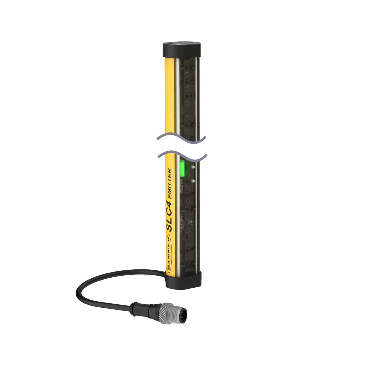 Banner SLC4E14-320P4 Banner Engineering SLC4E14-320P4 is a safety light curtain designed for finger detection with a resolution of 14mm, featuring a protective height of 320mm and 14mm beam spacing/pitch. It is constructed with a polycarbonate (PC) housing and end cap, and comes pre-wired with a 300mm pigtail terminated with a 4-pin Euro-style M12 connector. This part operates on a 24Vdc supply voltage and can function within an ambient air temperature range of -20 to +55°C. It offers a degree of protection rated at IP65 and has dimensions of 27mm in width, 333mm in height, and 23mm in depth. The SLC4E14-320P4 is equipped with 2 x digital outputs (24Vdc; 300mA; sourcing; redundant OSSD solid-state outputs) and has a sensing distance ranging from 10cm to 2m. The light emitted is in the infrared (IR) spectrum with a wavelength of 860 nm, and the housing is colored yellow. SLC4E14-320P4 on Powermatic Associates