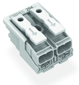 WAGO 294-4002 294-4002 WAGO - Lighting connector; push-button, external; without ground contact; 2-pole; Lighting side: for solid conductors; Inst. side: for all conductor types; max. 2.5 mm²; Surrounding air temperature: max 85°C (T85); 2,50 mm²; white 294-4002 on Powermatic Associates