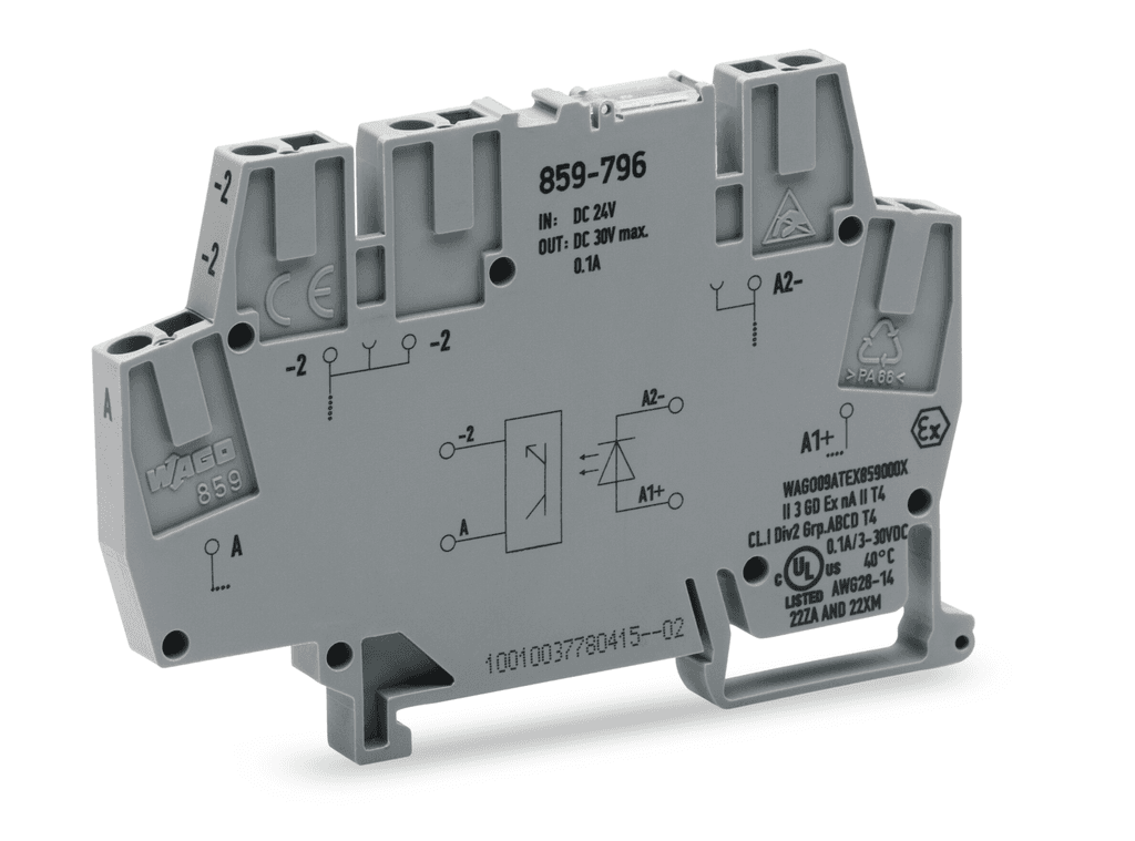 WAGO 859-796 859-796 WAGO - Optocoupler module; Nominal input voltage: 24 VDC; Output voltage range: 3 … 30 VDC; Limiting continuous current: 0.1 A; 2-wire connection; Railway; Frequency: 10 kHz; Module width: 6 mm; gray 859-796 on Powermatic Associates
