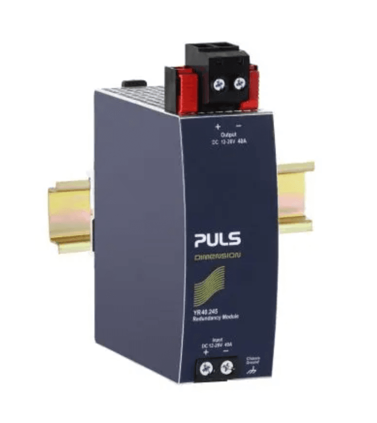 Puls YR20.246 PULS YR20.246 is a redundancy unit from the Y-series designed for dual-input redundancy (2 x inputs + 1 x output) with a built-in decoupling MOSFET, suitable for 1+1 or N+1 redundancy configurations and has ATEX approval. It operates with a supply voltage range of 18Vdc-35Vdc (24Vdc nominal) and supports a rated current of 20A at 48Vdc. The unit features screw-clamp connections for secure installation and is designed for DIN rail mounting. It can operate within an ambient air temperature range of -40 to +70°C. The dimensions of the unit are W32mm x H124mm x D117mm. It includes protection functions against short-circuits, with a threshold of 26A at 6V, and supports series or parallel operation for redundancy. The output voltage range is 24-48Vdc (24Vdc / 48Vdc nominal), with power dissipation/losses varying between 2.6 W and 5.6 W depending on the input conditions. The electrical durability of the unit ranges from 182,000 to 1,053,000 hours, depending on the operating conditions. The output stage capacitance is 320 µF, and the ripple is specified as 100-500mVpp (20Hz...20MHz; 50Ω). YR20.246 on Powermatic Associates