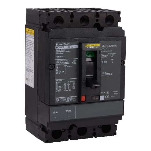 Schneider Electric HDF36050 Square D by Schneider Electric HDF36050 is a Moulded Case Circuit Breaker (MCCB) within the PowerPacT HDF sub-range, featuring a PowerPact H-Frame 150 TMD design. It is a 3-pole (3P) device with a rated current of 50A and offers thermal protection for overload and magnetic protection for short-circuit scenarios. This MCCB has a rated insulation voltage (Ui) of 750 V, with AC rated voltages of 600Vac and 600Y/347Vac, and a DC rated voltage of 250Vdc. It is designed for individual unit mount on plate with a Term. nut kit for fixed busbar connection on both line and load sides. The HDF36050 has a net height of 163 mm, width of 104 mm, and depth of 86 mm, and it provides an IP40 degree of protection. Its operating mode is manual toggle, with over-current protection settings fixed at 50A and short-circuit protection settings fixed at 400A hold current and 850A trip current. The rated operating voltage (Ue) is 690 V, with a rated impulse voltage (Uimp) of 8 kV. The trip current rating is 50 AT, and the frame current rating is 150 AF. It has a short circuit breaking rating of 25kA at 240Vac, 18kA at 480Vac and 480Y/277Vac, 14kA at 600Vac and 600Y/347Vac, and 20kA at 250Vdc, all according to UL489 standards. The trip unit type is thermal-magnetic (fixed) with no display, and it falls under utilisation category A. HDF36050 on Powermatic Associates