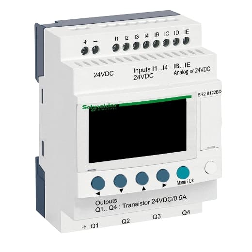 Schneider Electric SR2B122BD Schneider Electric SR2B122BD is a compact smart/programmable control unit designed for DIN rail mounting. It falls under the SR2 sub-range and features 12 I/Os with 4 transistor outputs. This unit operates within an ambient air temperature range of -20 to +55°C and offers a memory capacity of 120 lines for ladder programming or 200 lines for FBD programming. The front panel is rated at IP40 for protection, while the terminal block is rated at IP20. It consumes 0.1 A without extension and includes protection functions such as reverse polarity, overload protection, short-circuit protection, and overvoltage protection for transistor outputs, along with a program memory check on each power-up. The SR2B122BD also has 4 common mode analog inputs, requires a 24 V DC supply voltage, and uses screw-clamp terminals. Its processing time ranges from 6 to 90 ms, and it is equipped with an LCD display that measures program memory on each power-up. SR2B122BD on Powermatic Associates