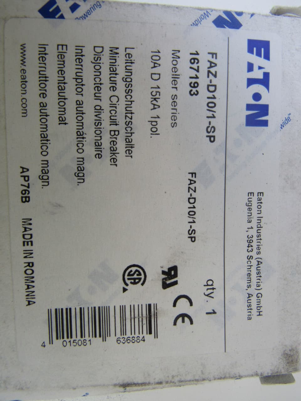 Eaton FAZ-D10/1-SP Eaton FAZ supplementary protector,UL 1077 Industrial miniature circuit breaker-supplementary protector,Single package,High levels of inrush current are expected,10 A,15 kAIC,Single-pole,277 V,10-20X/n,Q38,50-60 Hz,Standard terminals,D Curve FAZ-D10/1-SP on Powermatic Associates