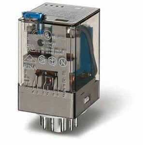 Finder 60.13.8.024.0030 Finder 60.13.8.024.0030 is a relay with a solder pin connection type, designed for a rated current of 10A at 250Vac (AC-1) and 10A at 30Vdc (DC-1), with lower current ratings of 0.4A at 110Vdc and 0.15A at 220Vdc for Normally Open (NO) auxiliary contacts. It operates with a supply voltage of 3C/O or 3PDT (3 Pole Double Throw), capable of handling ambient air temperatures for operation and storage of -40 to +70 degrees Celsius. The relay supports a rated voltage of 250Vac, with a control voltage of 3.6 kV and a power consumption of 1.3W. It is designed for plug-in mounting with an 11-pin configuration and has a net depth of 66.7mm, a mounting mode width of 32.5mm, and a power consumption height of 36.4mm. The relay is rated for 200,000 operations for Normally Closed (NC) circuits and 20,000,000 operations overall, with a response time of 1.3W. The contact material is AgNi (Silver Nickel), indicating the composition of the relay's contacts. 60.13.8.024.0030 on Powermatic Associates