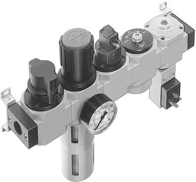 Festo 185780 service unit LFR-1/8-D-MINI-KG-A consisting of manual on/off valve, filter regulator, on/off valve with solenoid coil 24 V DC, without socket,, pressure build-up valve and distributor module, without socket, with mounting brackets. With automatic condens 185780 on Powermatic Associates