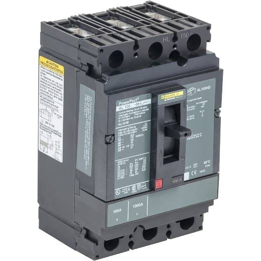 Schneider Electric HLL36100U33X Square D by Schneider Electric HLL36100U33X is a Moulded Case Circuit Breaker (MCCB) within the PowerPacT HLL sub-range, featuring a PowerPact H-Frame 150 Micrologic 3.2S (LSI) design. It is a 3-pole (3P) device with a rated current of 100A and offers protection functions including Long-time (L), Short-time with fixed time delay (S), and Instantaneous (I) protection. The breaker is designed for individual unit mount on plate, with lugs on both load and line sides for connection. It has a rated insulation voltage (Ui) of 750 V, rated voltages of 600Vac and 600Y/347Vac for AC, and 500Vdc for DC, with a net height of 163 mm, width of 104 mm, and depth of 86 mm. The degree of protection is IP40, and it operates manually via a toggle. Protection settings are adjustable for overload (0.35...1 x In), short-circuit with time delay (1.5...10 x lr), and instantaneous short-circuit protection (1.5...15 x In). The rated operating voltage (Ue) is 690 V, with a rated impulse voltage (Uimp) of 8 kV. The trip current rating is 100 AT, with a frame current rating of 150 AF. Its short circuit breaking rating varies by voltage, up to 125kA at 240Vac and down to 20kA at 250Vdc under UL489 standards. The trip unit type is an electronic Micrologic Standard 3.2S (LSI) without a display, categorized under utilisation category A. HLL36100U33X on Powermatic Associates