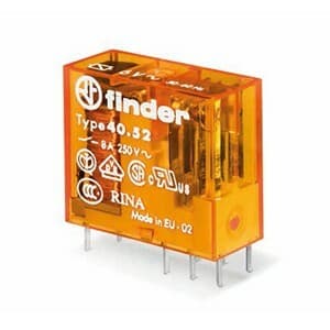 Finder 40.52.8.024.5000 Finder 40.52.8.024.5000 is a relay with solder pin connection type, designed for a rated current of 8A at 250Vac (AC-1) and 8A at 30Vdc (DC-1), with lower current ratings of 0.3A at 110Vdc and 0.12A at 220Vdc for Normally Open (NO) auxiliary contacts. It operates with a supply voltage of 2C/O / DPDT (Double Pole Double Throw), and is suitable for ambient air temperatures ranging from -40 to +85 degrees Celsius for operation and storage. The relay supports a rated voltage of 250Vac, with a control voltage of 6 kV and a rated active power of 2 poles. It features a net width of 25 mm, a mounting mode width of 29 mm, and a power consumption width of 12.4 mm. The color is specified for a 24Vac (50Hz/60Hz) supply, with a residual current sensitivity suitable for PCB and plug-in applications. The visual position indicator has a 5.3mm pins pitch, and the relay is capable of 100,000 operations for Normally Closed (NC) circuits, with a contact material of AgNi+Au (Gold plated silver-nickel), and a durability of 10,000,000 operations. 40.52.8.024.5000 on Powermatic Associates