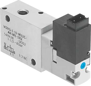 Festo 560704 solenoid valve VOVG-S12-M32C-AH-M5-1H3 Valve function: 3/2 closed, monostable, Type of actuation: electrical, Width: 12 mm, Standard nominal flow rate: 180 l/min, Operating pressure: 2 - 8 bar 560704 on Powermatic Associates