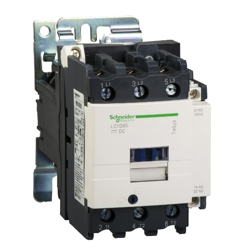 Schneider Electric LC1D80MD Schneider Electric LC1D80MD is a magnetic contactor from the Deca sub-range, featuring screw connections and designed with 3 poles (3P; 3NO). It has a rated current of 125A (AC-1) and 80A (440Vac; AC-3), with a mounting mode suitable for DIN rail installation. The net width of the contactor is 85 mm, and it offers a degree of protection rated at IP20. The control voltage (DC) ranges from 187-242Vdc (220Vdc nom.; 0.85...1.1 x Uc), and the rated operating voltage (Ue) is up to 1000 V. It includes 1 normally open (NO) auxiliary contact and 1 normally closed (NC) auxiliary contact, with a contacts type of 1NO+1NC instantaneous aux. The rated impulse voltage (Uimp) is 8 kV. This contactor supports rated active power ranging from 22kW (220-230Vac; AC-3) to 55kW (500Vac; AC-3), and rated power (HP) from 7.5HP (115Vac; single-phase; 50Hz/60Hz; UL/CSA) to 60HP (575-600Vac; 3-phase; 50Hz/60Hz; UL/CSA). It is designed for mechanical durability of 4,000,000 operations and electrical durability of 1,500,000 operations with load, with a phase-to-phase rated voltage (AC) of 1000 V. LC1D80MD on Powermatic Associates