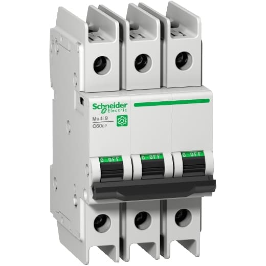 Schneider Electric M9F42301 Schneider Electric M9F42301 is a Miniature Circuit Breaker (MCB) within the C60BP sub-range, designed for three-phase applications with a 1A rated current. It features a 3-pole configuration and offers protection across all poles. This MCB is compliant with UL489 standards, ensuring its suitability for various applications. It operates with a rated insulation voltage (Ui) of 500V, a DC rated voltage of 60Vdc, and AC rated voltages of 240V phase-to-neutral and 415V phase-to-phase. The M9F42301 is capable of handling rated impulse voltages (Uimp) up to 6kV and offers a short circuit breaking rating of 14kA AIR at both 120Vac and 240Vac, and 10kA AIR at 480Y/277Vac and 60Vdc. It is characterized by a C tripping curve. M9F42301 on Powermatic Associates