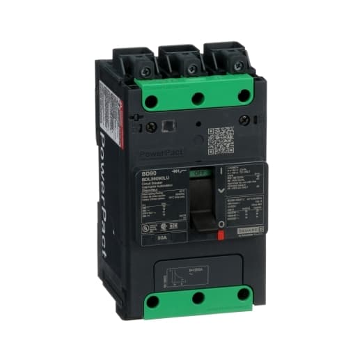 Schneider Electric BDL36090LU Square D by Schneider Electric BDL36090LU is a Moulded Case Circuit Breaker (MCCB) within the PowerPacT BDL sub-range, featuring a PowerPact B-Frame 100 TMD 3P 90A design for 600Y/347Vac with a 14kA breaking capacity and Everlink (Creep compensating) lugs on both line and load sides, plus a Control Wire terminal (CWT) on the line side only. It has a rated impulse voltage (Uimp) of 8 kV, an IP40 degree of protection, and a rated current of 90A. The MCCB operates at a rated voltage of 600Vac 600Y/347Vac, with a mechanical durability of 20,000 operations and can be mounted on a DIN rail or as an individual unit on a plate. It features 3 poles (3P), with dimensions of 137 mm in height, 80 mm in depth, and 81 mm in width. The utilisation category is A, and it offers protection settings for over-current fixed at 90A, short-circuit hold current fixed at 1000A, and short-circuit trip current fixed at 1500A. The rated insulation voltage (Ui) is 800 V, with a rated operating voltage (Ue) of 525 V, and it provides thermal and magnetic protection functions. The trip current rating is 90 AT, with an electrical durability of 10,000 operations at 440Vac; In, and a frame current rating of 100 AF. The operating mode is manual toggle, and it has a short circuit breaking rating of 25kA at 240Vac, 18kA at 480Vac, 18kA at 480Y/277Vac, 14kA at 600Y/347Vac, and 10kA at 250Vdc, according to UL489 standards. The trip unit type is thermal-magnetic (fixed) with no display. BDL36090LU on Powermatic Associates
