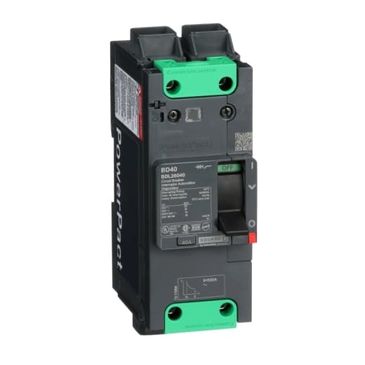 Schneider Electric BDL26040 Square D by Schneider Electric BDL26040 is a Moulded Case Circuit Breaker (MCCB) within the PowerPacT BDL sub-range, featuring a PowerPact B-Frame 100 TMD 2P 40A design for 600Y/347Vac with a 14kA short circuit breaking rating and 80% rated Everlink (Creep compensating) lugs on both line and load sides. It has a rated impulse voltage (Uimp) of 8 kV, an IP40 degree of protection, and a rated current of 40A. The rated voltage (AC) is 600Vac 600Y/347Vac, with mechanical durability of 20,000 operations and the option for fixed mounting on DIN rail or individual unit mount on plate. This 2-pole (2P) circuit breaker has dimensions of 137 mm in height, 80 mm in depth, and 54 mm in width. It falls under utilisation category A, with protection settings including over-current fixed at 40A, short-circuit hold current fixed at 400A, and short-circuit trip current fixed at 600A. The rated voltage (DC) is 250Vdc, with a rated insulation voltage (Ui) of 800 V, and a rated operating voltage (Ue) of 525 V. It offers thermal protection (Overload) and magnetic protection (Short-circuit), with a trip current rating of 40 AT and electrical durability of 10,000 operations at 440Vac; In. The frame current rating is 100 AF, operated by a toggle (manual) with no display, and the trip unit type is Thermal-Magnetic (fixed). BDL26040 on Powermatic Associates