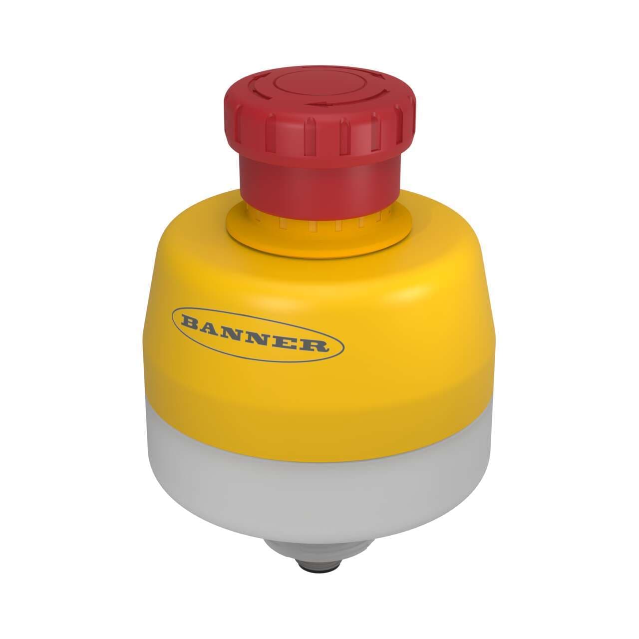 Banner SSA-EB1PLYR-12ECQ8 SSA-EB1 30 mm Mount Emergency Stop Push Button; Yellow, Red Solid/Flashing Illuminated Base; 40 mm Actuator; IP65; Contacts: 2 NC/1 NO-PNP; 8-pin M12 Integral QD SSA-EB1PLYR-12ECQ8 on Powermatic Associates