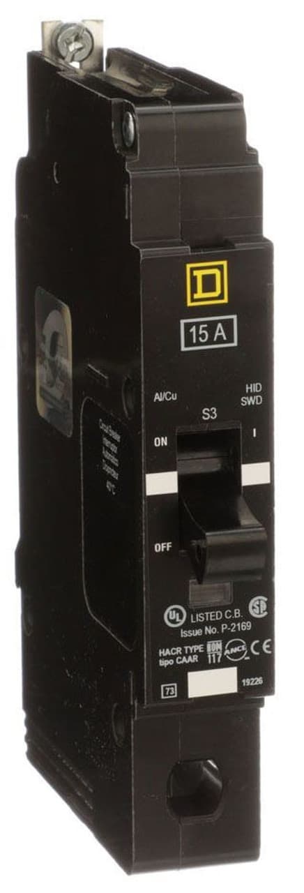 Schneider Electric EJB14015 Square D by Schneider Electric EJB14015 is a Miniature Circuit Breaker (MCB) designed for bolt-on mounting with a visual trip indicator. It features lugs type terminals and is rated for 277V AC. This MCB offers short-circuit and overload protection, functioning as both an Equipment Protection Device (EPD) and a Circuit Breaker (CB) with a breaking capacity code J. It supports an aluminium lugs connection and has a rated current of 15A. The EJB14015 is a single-pole device accommodating a cross-section of 14-6AWG for one copper cable. It has a short circuit breaking rating of 100kA at 120Vac, 65kA at 240Vac, and 65kA at 277Vac. The trip unit is thermal-magnetic with protection settings featuring a trip unit rating of 875A. EJB14015 on Powermatic Associates