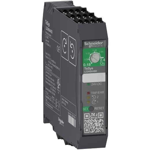 Schneider Electric LZ2H2X4BD Schneider Electric LZ2H2X4BD is a starter designed for asynchronous motors, part of the Hybrid sub-range, combining contact and zero-voltage triac technologies. It features screw connections and is equipped with 2 x 3-poles (2x3P) for connectivity. This ultra-compact hybrid reversing standard starter offers thermal overload protection class 10A and supports a rated current range from 0.18A to 2.4A (AC-53a). It is designed for DIN rail mounting and has an IP20 degree of protection. The control voltage is specified at 24Vdc, with a rated operating voltage (Ue) of up to 500 V. It includes 1 Normally Open (NO) auxiliary contact and 1 Normally Closed (NC) auxiliary contact, with a contacts type of SPDT / 1C/O contact. The rated impulse voltage (Uimp) is 6 kV. Its rated active power ranges from 0.37kW at 220/230Vac to 1.1kW at 500Vac (AC-53a), and it also specifies rated power in horsepower (HP) as 0.5HP at 208Vac and 220-240Vac, and 1HP at 440-480Vac for 3-phase UL applications. LZ2H2X4BD on Powermatic Associates