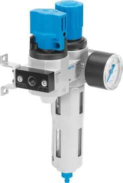 Festo 185737 service unit LFR-3/8-D-MIDI-KC consisting of manual on/off valve and filter regulator, with mounting brackets. With manual condensate drain. Size: Midi, Series: D, Actuator lock: Rotary knob with lock, Assembly position: Vertical +/- 5°, Grade of filtrati 185737 on Powermatic Associates