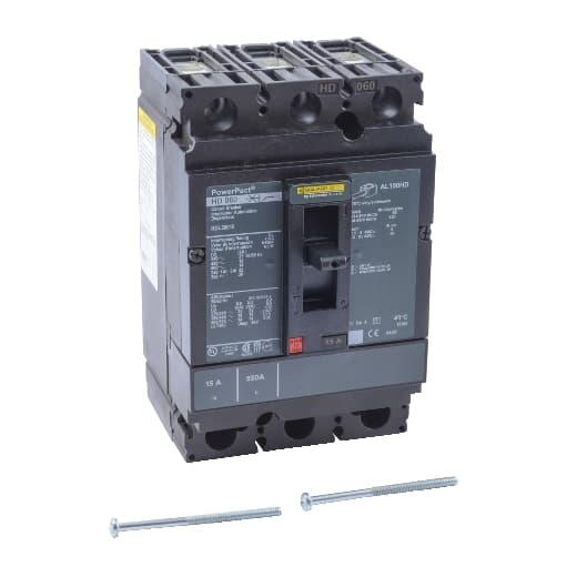 Schneider Electric HDL36015 Square D by Schneider Electric HDL36015 is a Moulded Case Circuit Breaker (MCCB) within the PowerPacT HDL sub-range, designed as a PowerPact H-Frame 150 TMD 3P 15A 600Vac/250Vdc 14kA with lugs 80% rated. It features a 3-pole (3P) configuration and offers both thermal protection (overload) and magnetic protection (short-circuit). The rated current is 15A, with a rated insulation voltage (Ui) of 750 V, and it operates at a rated voltage (AC) of 600Vac 600Y/347Vac. This unit is designed for individual unit mount on plate, has a net height of 163 mm, a net width of 104 mm, and a net depth of 86 mm. It provides a degree of protection of IP40 and operates via a toggle (manual) mode. Protection settings include over-current fixed at 15A, short-circuit hold current fixed at 350A, and short-circuit trip current fixed at 750A. The rated operating voltage (Ue) is 690 V, with a rated impulse voltage (Uimp) of 8 kV. The trip current rating is 15 AT, with a frame current rating of 150 AF. Its short circuit breaking rating includes 25kA (240Vac; UL489), 18kA (480Vac; UL489), 18kA (480Y/277Vac; UL489), 14kA (600Vac; UL489), 14kA (600Y/347Vac; UL489), and 20kA (250Vdc; UL489). The trip unit type is thermal-magnetic (fixed) with no display, and it falls under utilisation category A. HDL36015 on Powermatic Associates