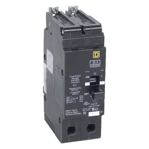 Schneider Electric EDB26050 Square D by Schneider Electric EDB26050 is a Miniature Circuit Breaker (MCB) designed for bolt-on mounting with a visual trip indicator. It features lugs type terminals and operates at a rated voltage of 600 V AC. This MCB is equipped with protection functions against short-circuit and overload conditions. It serves as an Equipment Protection Device (EPD) and a Branch Circuit Breaker with a breaking capacity code D. The connection is facilitated through aluminium lugs, suitable for a rated current of 50A and accommodates a wire cross-section of 12-2/0AWG. It is a 2 Pole device with a short circuit breaking rating of 14kA at 600Y/347Vac. The thermal-magnetic trip unit has a protection setting with a trip unit rating of 1800A. EDB26050 on Powermatic Associates
