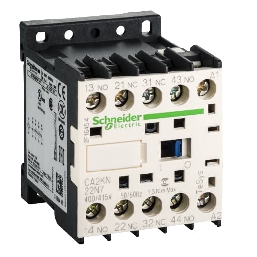 Schneider Electric CA2KN22N7 Schneider Electric CA2KN22N7 is a control relay with a mechanical durability of 10,000,000 operations at no load. It is designed for plate DIN rail mounting and falls under the utilisation categories AC-15 and DC-13. This part features two SPST-NO (Single Pole Single Throw - Normally Open) contacts and utilizes screw clamp terminals for connections. It has an operating rate of up to 10,000 cycles per hour. CA2KN22N7 on Powermatic Associates