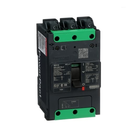 Schneider Electric BDL36015LU Square D by Schneider Electric BDL36015LU is a Moulded Case Circuit Breaker (MCCB) within the PowerPacT BDL sub-range, featuring a PowerPact B-Frame 100 TMD 3P 15A 600Y/347Vac 14kA design. It includes Everlink (Creep compensating) lugs on both line and load sides and a Control Wire terminal (CWT) on the line side only. This MCCB offers a degree of protection of IP40 and has a rated current of 15A with a rated voltage of 600Vac 600Y/347Vac. It is designed for fixed mounting on DIN rail or as an individual unit mount on a plate, with a 3-pole (3P) configuration. The net dimensions are 137 mm in height, 80 mm in depth, and 81 mm in width. It is categorized under utilization category A and features over-current protection fixed at 15A, short-circuit hold current protection fixed at 400A, and short-circuit trip current protection fixed at 600A. The rated insulation voltage (Ui) is 800 V, with a rated operating voltage (Ue) of 525 V, and it includes thermal and magnetic protection functions. The trip current rating is 15 AT, and it has a frame current rating of 100 AF. The operating mode is manual toggle, and it has a short circuit breaking rating of 25kA at 240Vac, 18kA at 480Vac and 480Y/277Vac, and 14kA at 600Y/347Vac according to UL489 standards. The trip unit type is thermal-magnetic (fixed) with no display. BDL36015LU on Powermatic Associates
