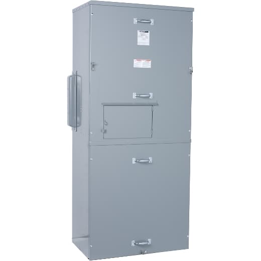 Schneider Electric EZM32000CB Square D by Schneider Electric EZM32000CB is a meter center main unit designed for surface mounting. It features a steel enclosure and aluminium/copper busbars, ensuring compatibility with a variety of wiring configurations. This unit is protected to a NEMA 3R degree, making it suitable for both indoor and rainproof applications. With dimensions of H1745mm x W767mm x D466mm (H68.7" x W30.19" x D18.33"), it supports a rated voltage of 208Y/120Vac and 240/120Vac (Delta) across a three-phase (3PH-4W) network. The EZM32000CB is pre-equipped with an incoming breaker for three phases in and out, offering a main rated current of 2000A and a busbar rated current of 1200A. It accommodates 1 x 6AWG...300kcmil aluminium/copper lugs for ground and 6 x 1/0AWG...700kcmil aluminium/copper lugs for both line and neutral connections. EZM32000CB on Powermatic Associates