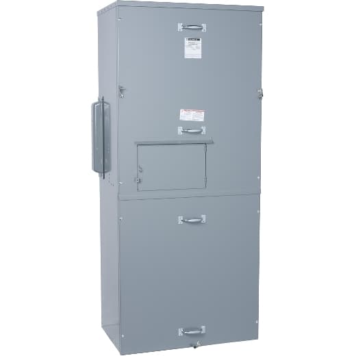 Schneider Electric EZM11600GCBU Square D by Schneider Electric EZM11600GCBU is a meter center main unit designed for surface mounting. It features a steel enclosure and aluminium/copper busbars, ensuring compatibility with various installation requirements. This unit is protected to a NEMA 3R degree, making it suitable for both indoor and rainproof environments. With dimensions of H1745mm x W767mm x D466mm (H68.7" x W30.19" x D18.33"), it supports a rated voltage of 120Vac/240Vac. The EZM11600GCBU operates within a single-phase (1PH-3W) network and offers a main rated current of 1600A, with busbar rated current at 1200A. It accommodates a cross-section of 1 x 6AWG...300kcmil aluminium/copper lugs for grounding, catering to a wide range of metering applications. EZM11600GCBU on Powermatic Associates