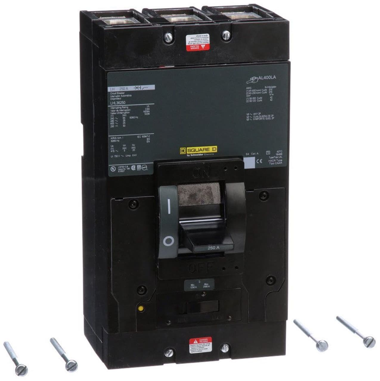Schneider Electric LHL36250 Square D by Schneider Electric LHL36250 is a Moulded Case Circuit Breaker (MCCB) within the PowerPacT LHL sub-range, featuring a PowerPact LH-Frame with high-interrupting capacity. It is designed with 3 poles (3P), rated at 250A with a rated insulation voltage (Ui) of 750V, and operates at a rated voltage (AC) of 600Vac and 600Y/347Vac. This unit supports a rated voltage (DC) of 250Vdc, with a net height of 280 mm, width of 153 mm, and depth of 150 mm. It offers thermal and magnetic protection, with thermal protection for overload and magnetic protection for short-circuit scenarios. The connection type includes lugs on both load and line sides, and it is designed for individual unit mount on plate. The degree of protection is IP40, with a toggle (manual) operating mode. Protection settings include over-current fixed at 250A and short-circuit pickup current adjustable between 1250A and 2500A. The rated operating voltage (Ue) is 600 V, with a rated impulse voltage (Uimp) of 8 kV. The trip current rating is 250 AT, and the frame current rating is 600 AF. It has a short circuit breaking rating of 65kA at 240Vac, 35kA at 480Vac and 480Y/277Vac, 25kA at 600Vac and 600Y/347Vac, 50kA at 250Vdc, and 20kA at 500Vdc, all according to UL489 standards. The trip unit type is thermal-magnetic (adjustable) with no display, and it falls under utilisation category A. LHL36250 on Powermatic Associates