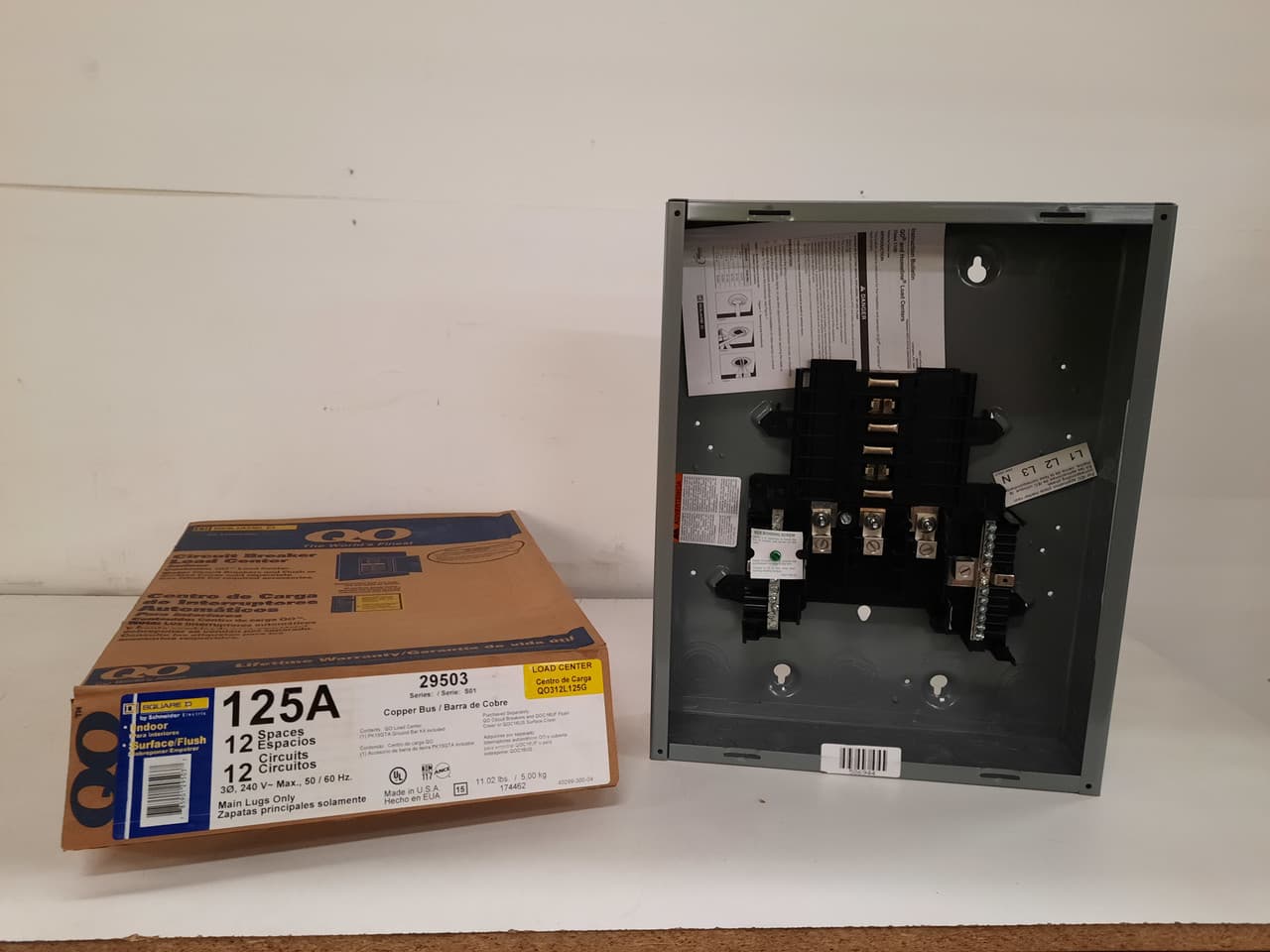 Schneider Electric QO312L125G Square D by Schneider Electric QO312L125G is a load center designed for three-phase networks, supporting both 3PH-3W and 3PH-4W configurations. It has a rated current of 125A and accommodates 12 single pole circuits. The connection type is lugs, with a cross-section range for aluminium and copper lugs from 6AWG to 2/0AWG. This load center operates at a rated voltage of 120Vac/240Vac and has a short circuit breaking rating of 65kA. The dimensions are H455mm x W362mm (H17.91" x W14.25"), featuring 12 spaces within a NEMA 1 rated, welded sheet steel enclosure and tin-plated copper busbar for enhanced conductivity. QO312L125G on Powermatic Associates